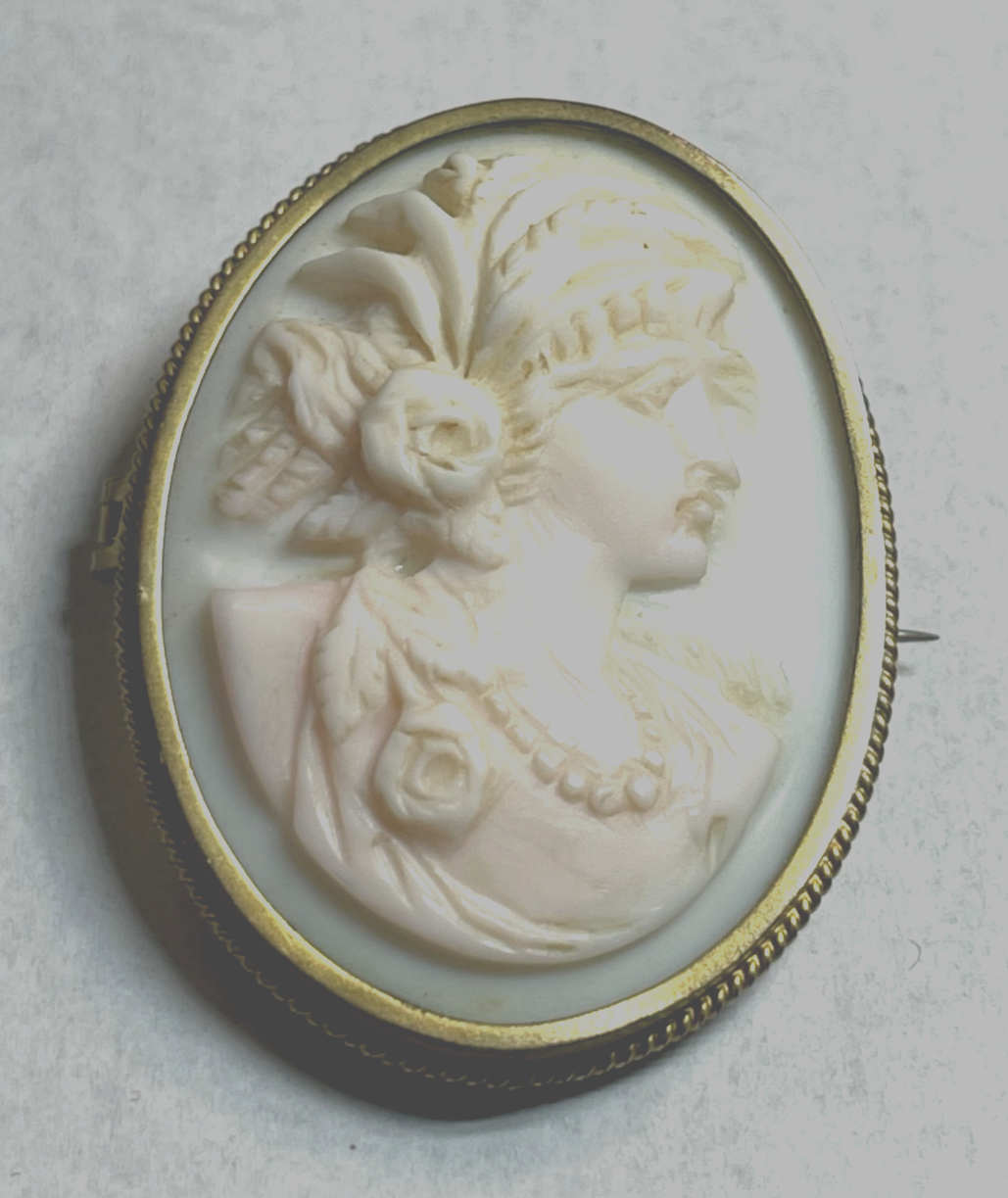 Antik Engelshaut  Korallen  Gemme vor 1900 Cameo Brosche feine Handarbeit gepfl.5