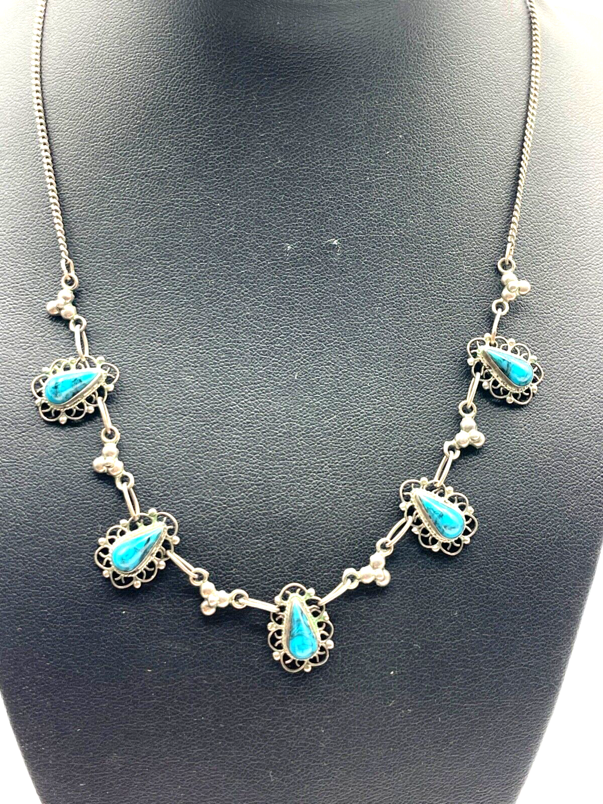 925 Sterling Silber Kette Collier mit 5x Türkis Mexiko Handarbeit sehr apart1