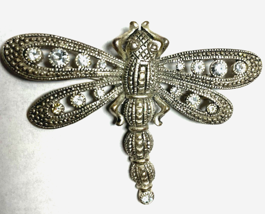 Vintage Modeschmuck Brosche große silberfarbige Libelle Dragonfly mit Strass2