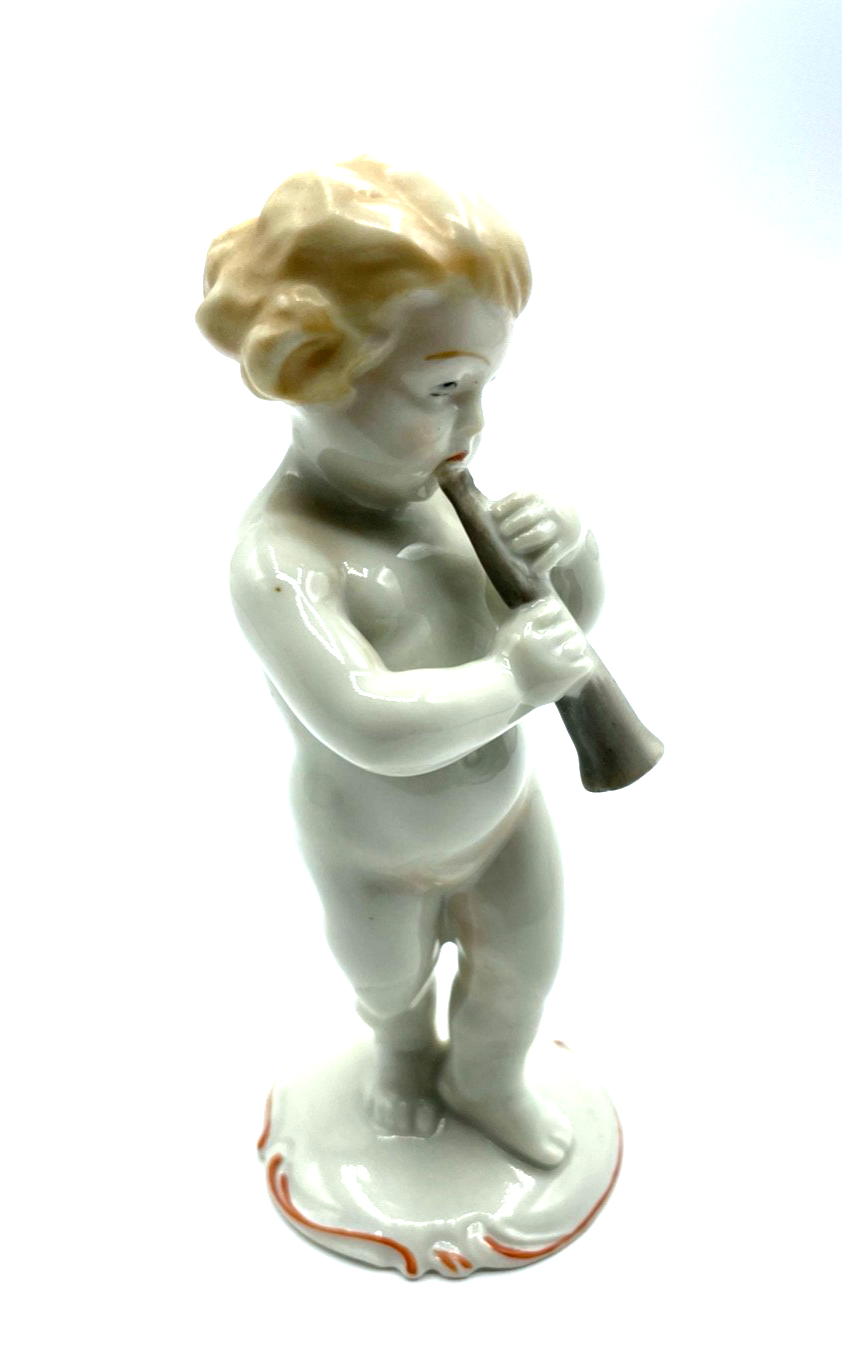 Antik Metzler & Ortloff Porzellan Figur Nackedei mit Flöte 20er J  Putte H 12 cm2