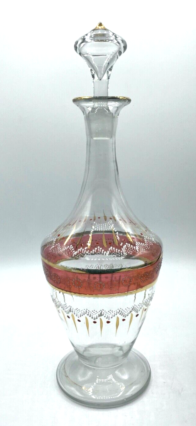 Antik Historismus Glas Karaffe Dekor Handgemalt mundgeblasen H 35 cm gepflegt0