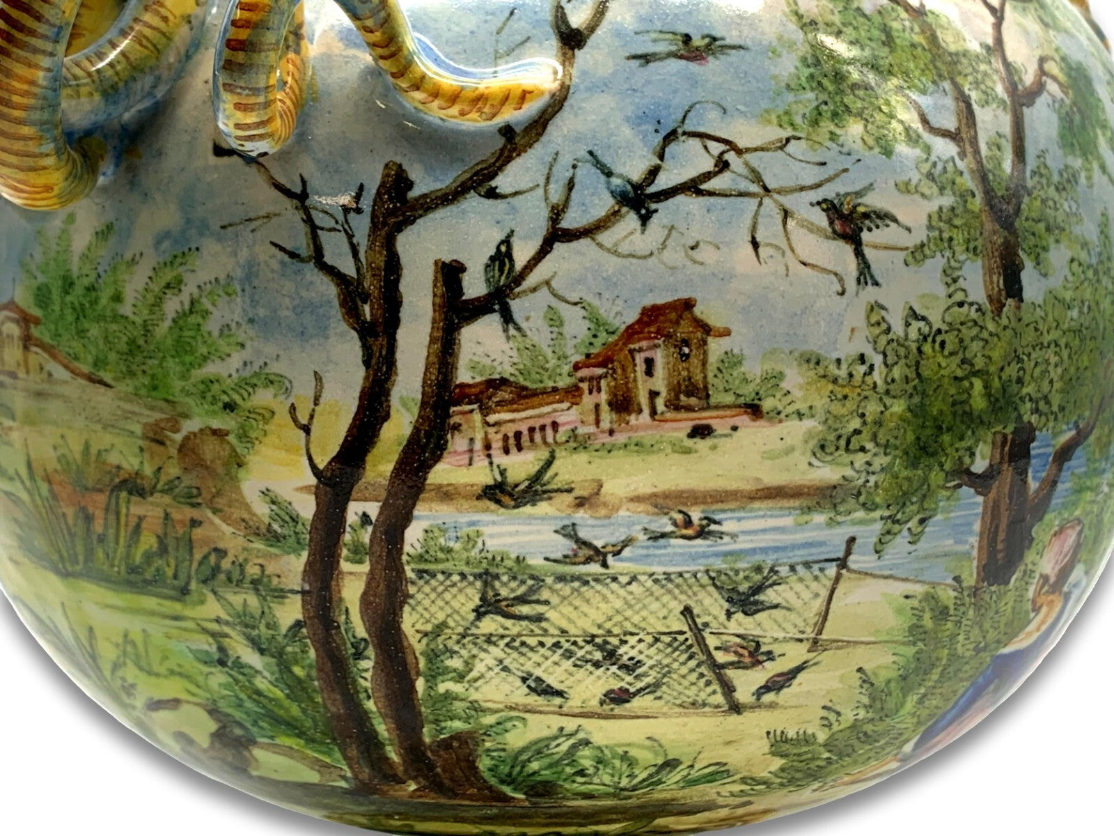 Angelo Minghetti  -  italienische Majolika - Deckelvase mit Griffen - Handbemalt5