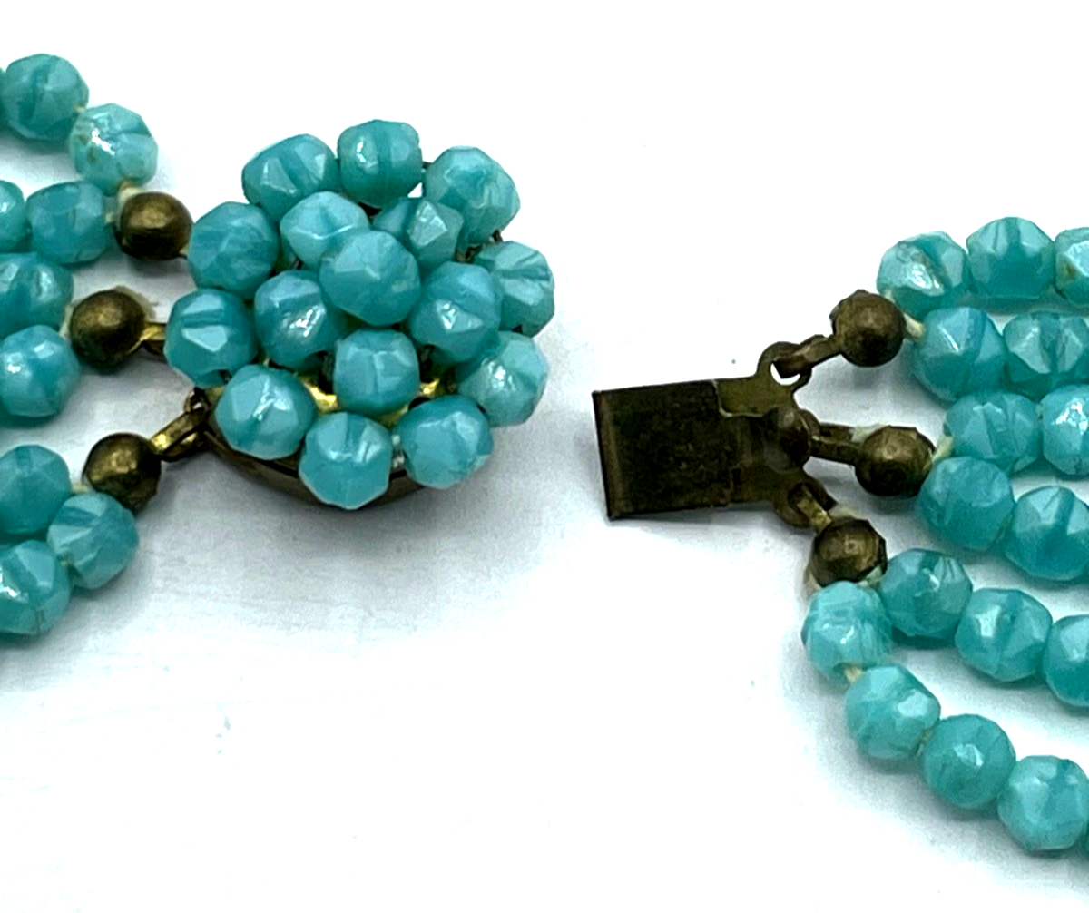 Antik 6 strängig Glaskette türkis farbige geschliffene Glasperlen Collier 50erJ5