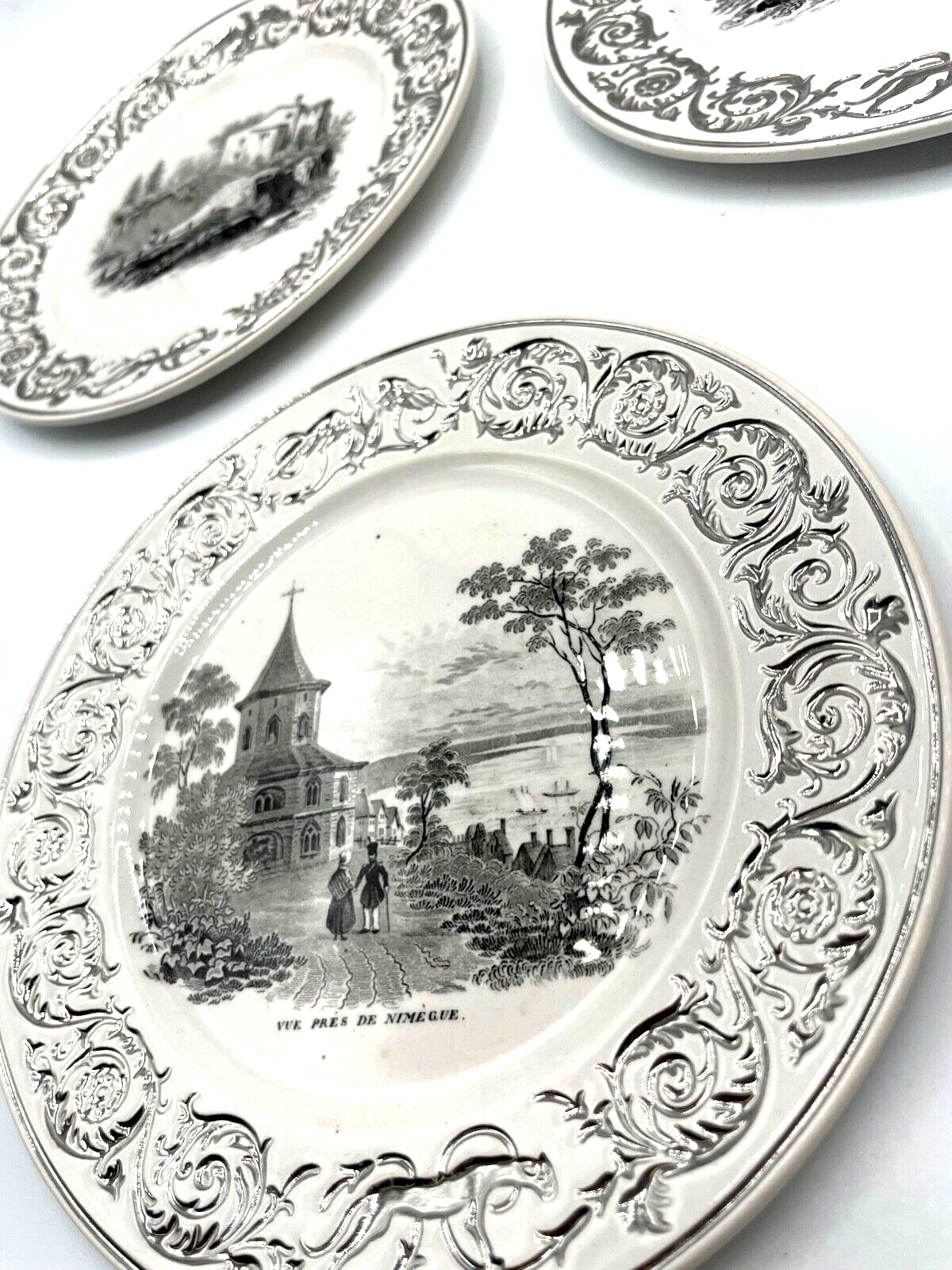 * Antik 3 Keramik Teller Landschaft Szenerie vor 1900 Silber Rand Dekor Ø 18,2cm9