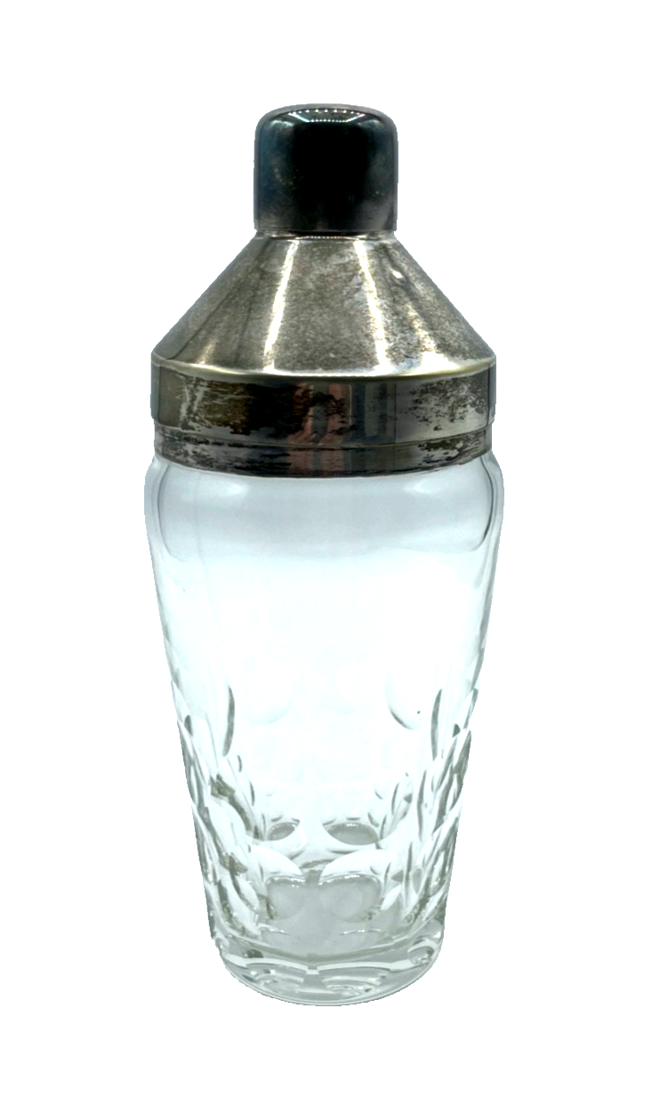 Vintage Cocktail Shaker Kristallglas versilberte Montur Rand Deckel Topzustand0
