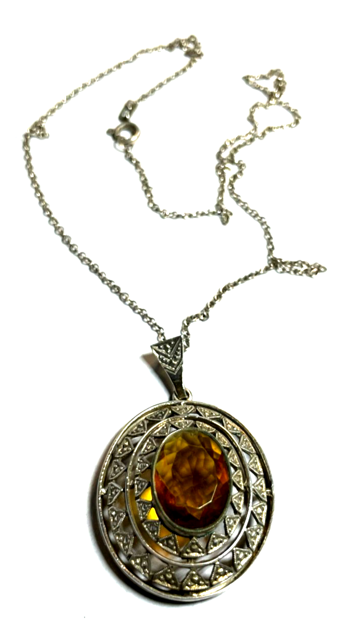 Antik 835 Silber Kette mit großer Anhänger Citrin cognac farbig 20er J gepflegt10