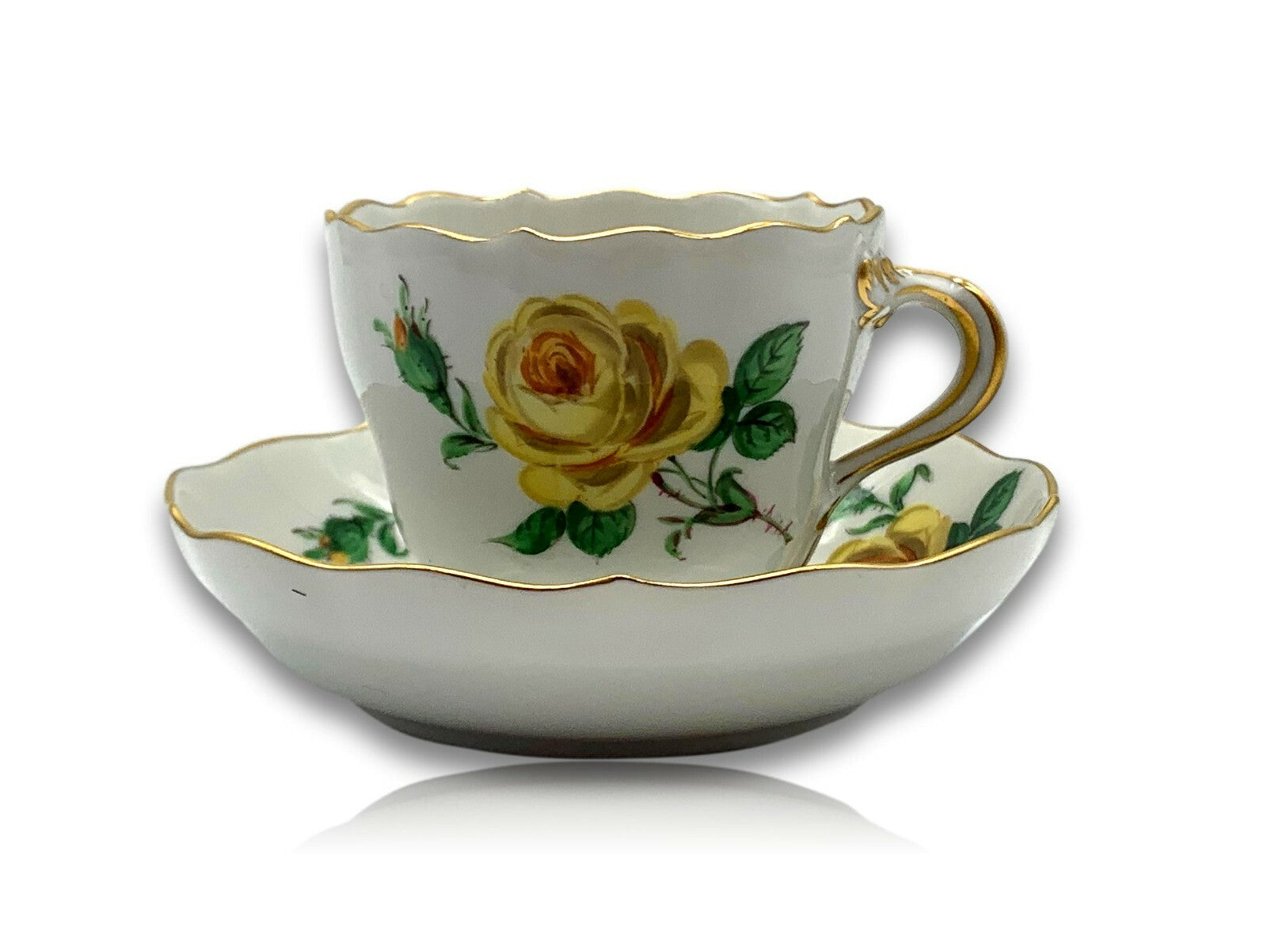 Meissen - Mokkatasse - Dekor Gelbe Rose - Handbemalt - Goldstaffage1