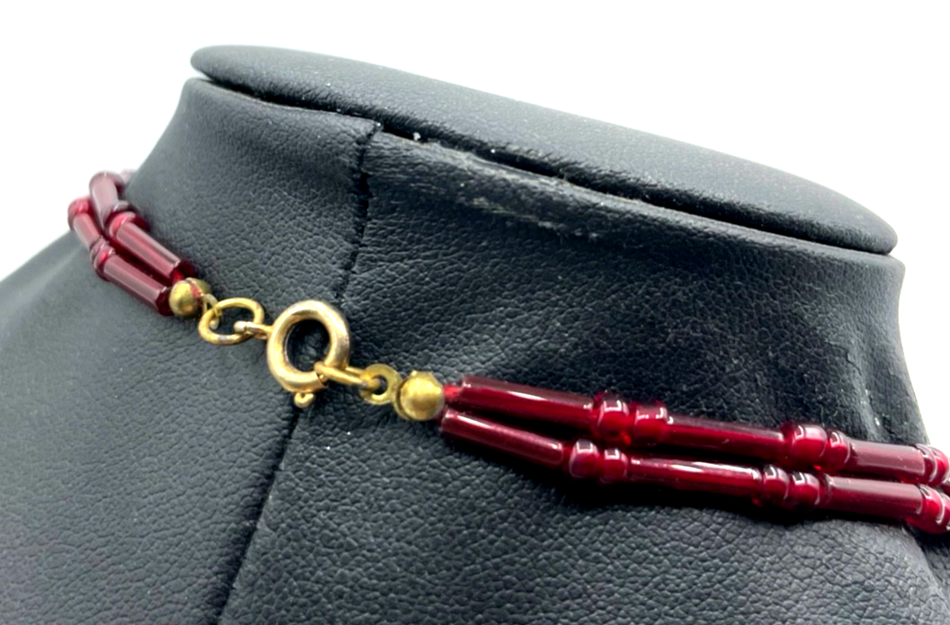 Vintage mid-century Halskette Handarbeit Granat rote Glasperlen Collier Topzust1