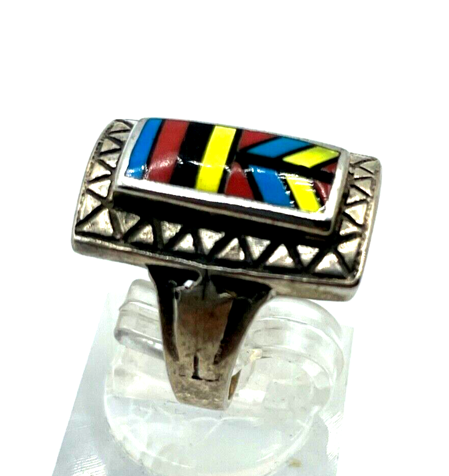 925 Sterling Ring Zuni Indianerschmuck Edelstein Inlay Handarbeit Ø 15 mm RG 474