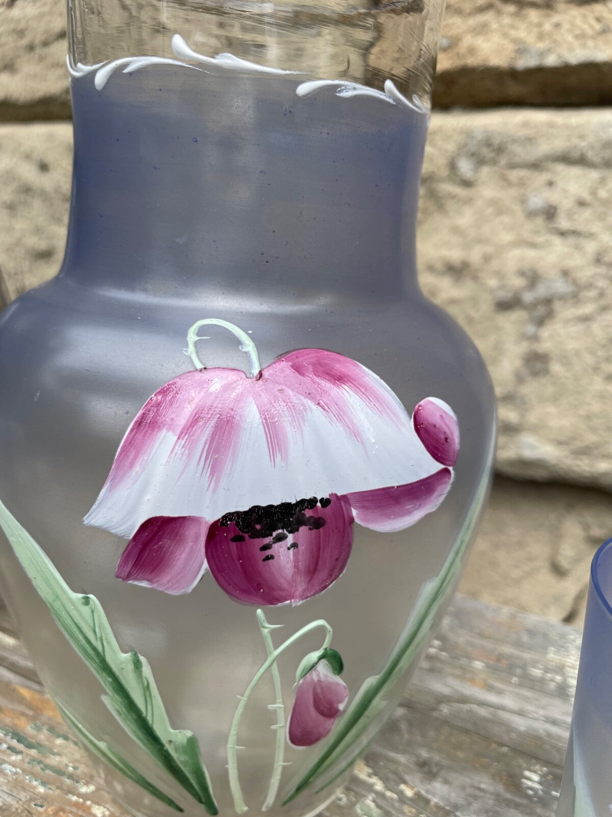 Jugendstil antik Glas Krug + 2 Gläser handbemalt Blumen Dekor bezaubernd gepfl.4