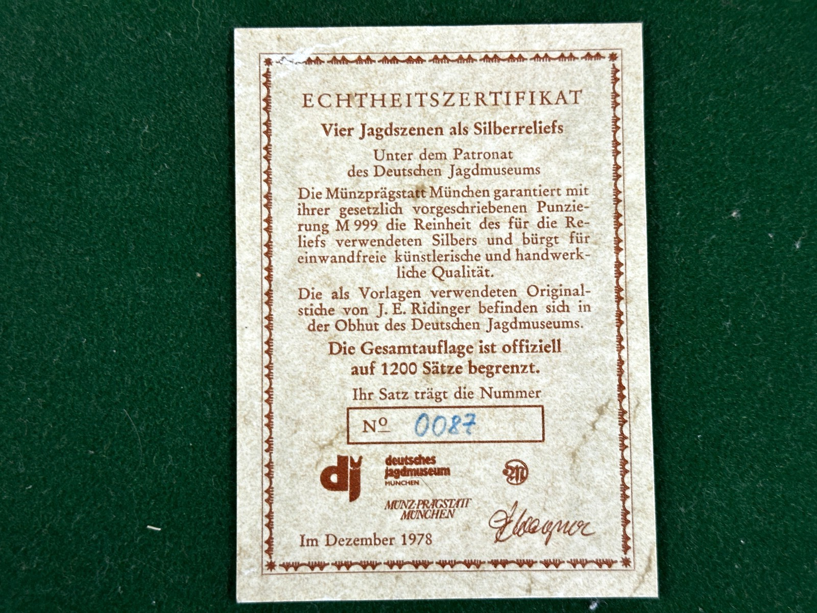 Silberrelief - Jagdszene J. E. Ridinger – Feinsilber 999 – limitiert 87/120016