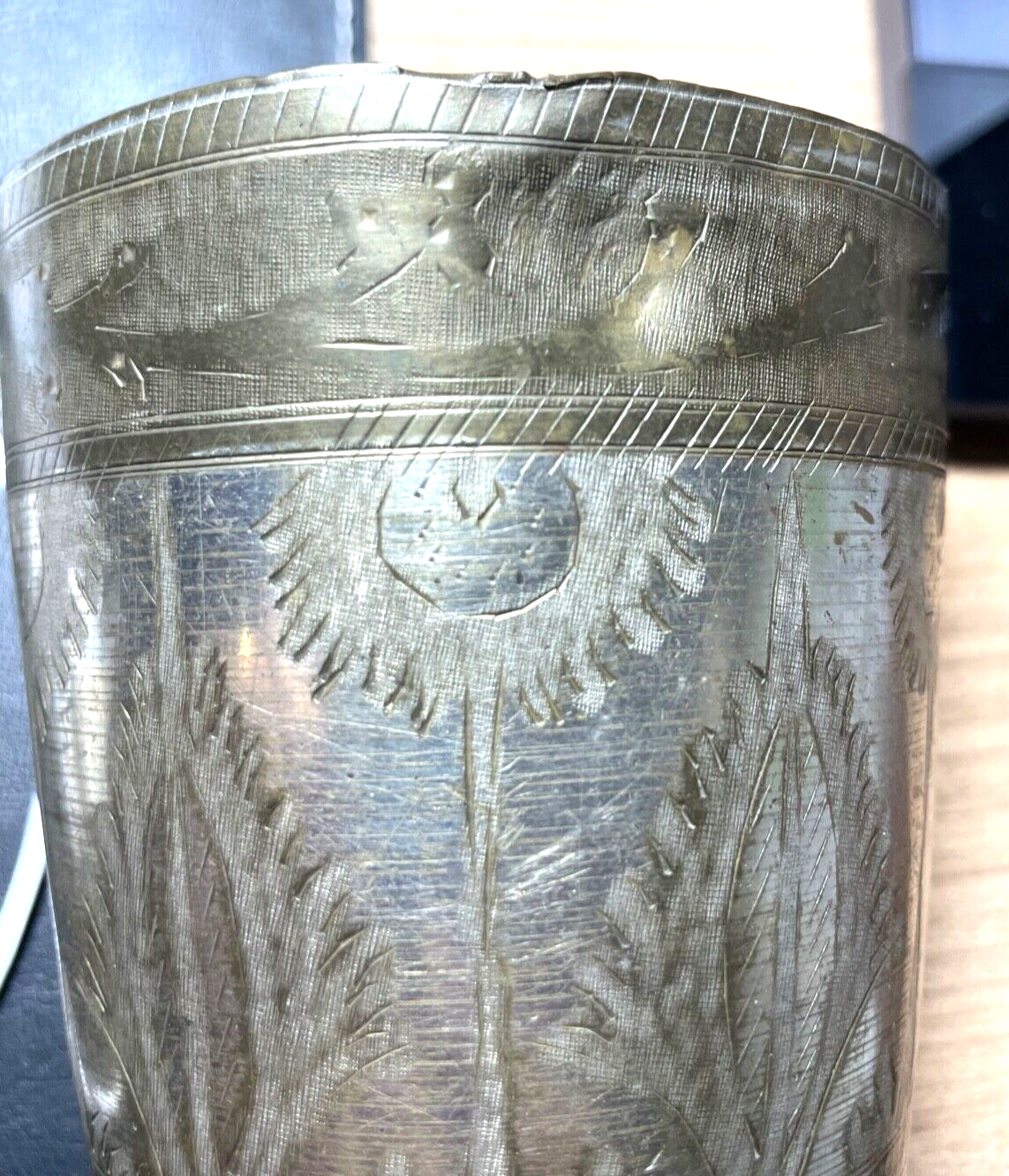 Alter Metall Becher Handarbeit Kupfer Zinn Isfahan Kunsthandwerk H 16 cm Nr. 26