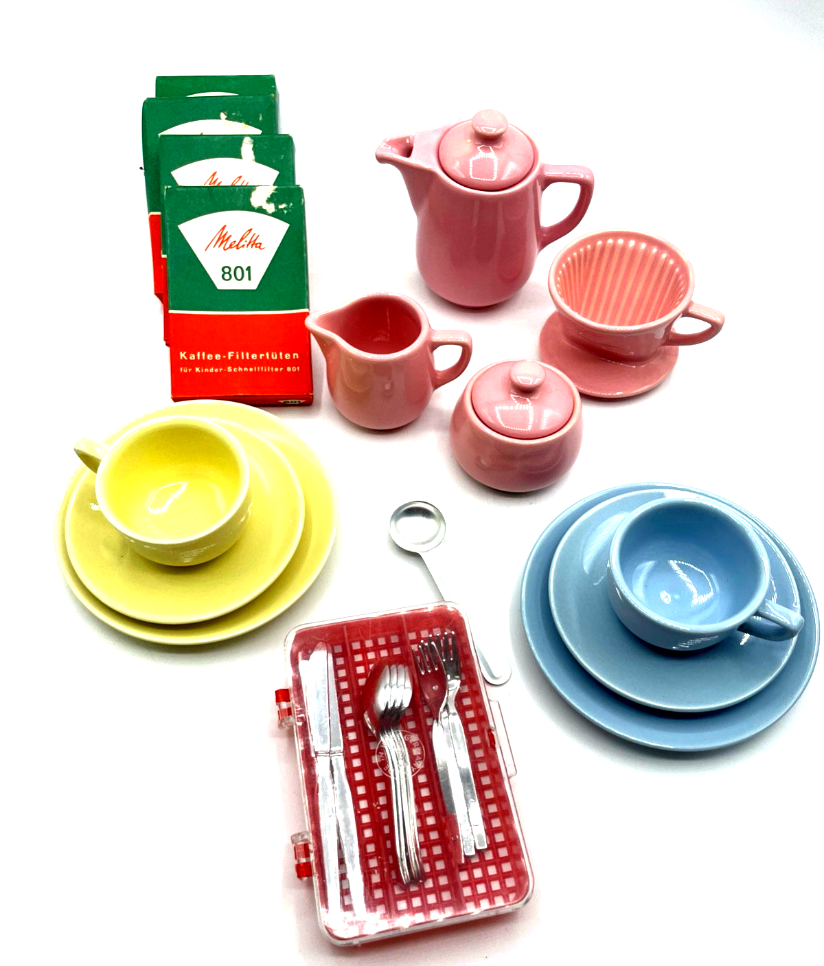 mid century Kinder Melitta Kaffee Geschirr mit Filter + Filtertüten Dachboden0