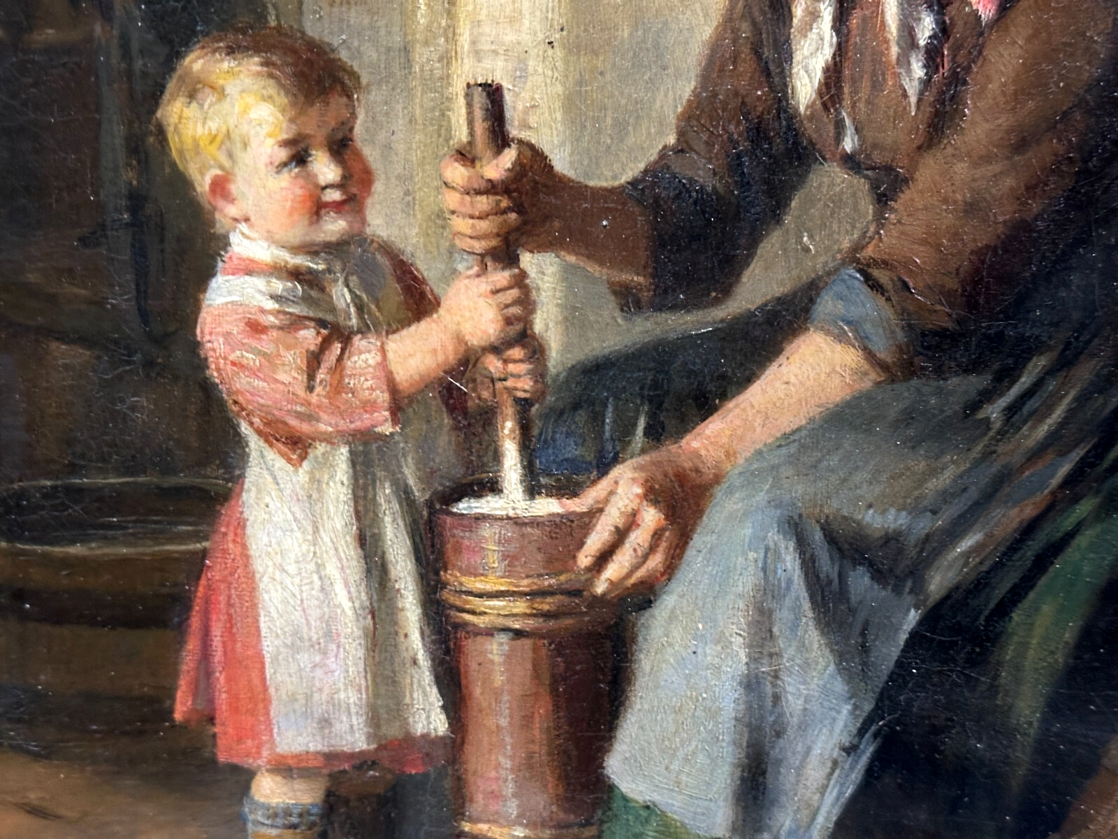 Friedrich Ortlieb 1839-1909 - 'Beim Butterstampfen' - Genremalerei - Öl auf Lw.3