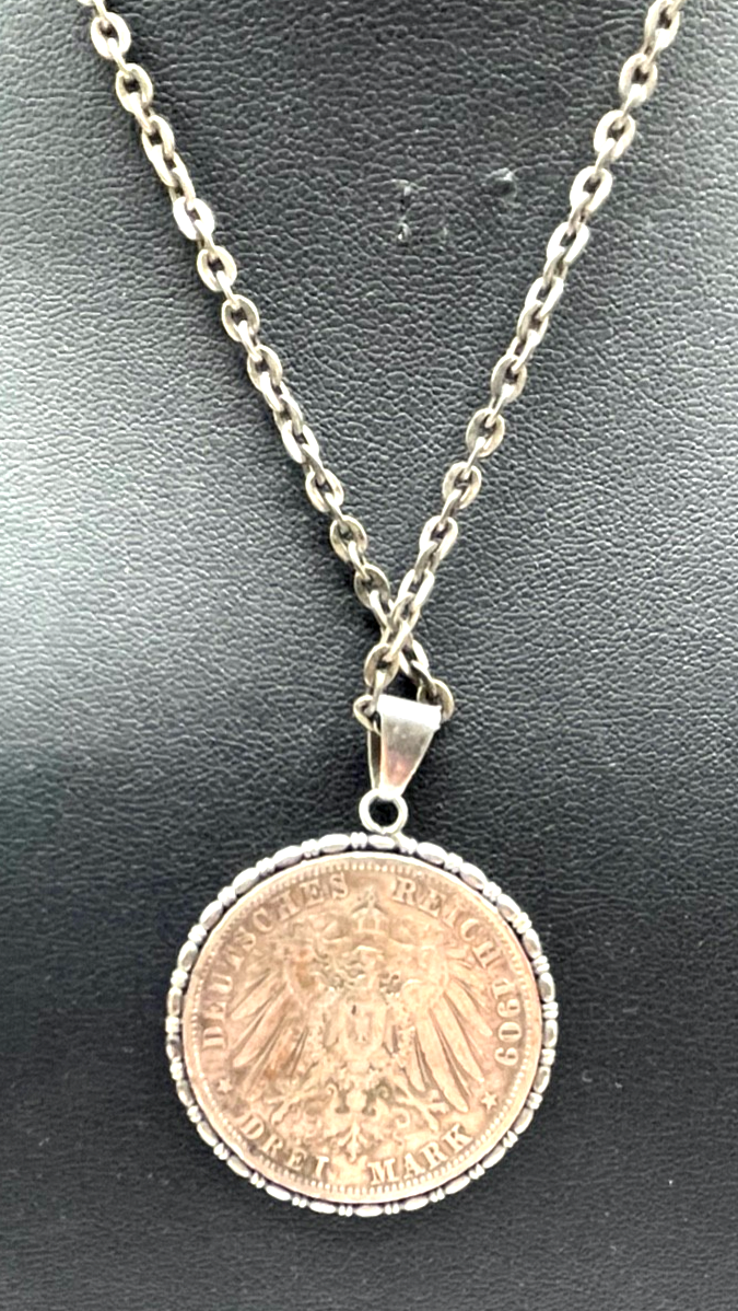 Antik Münzanhänger Silber Deutsches Reich Drei Mark 1909 Wilhelm II Silberkette4