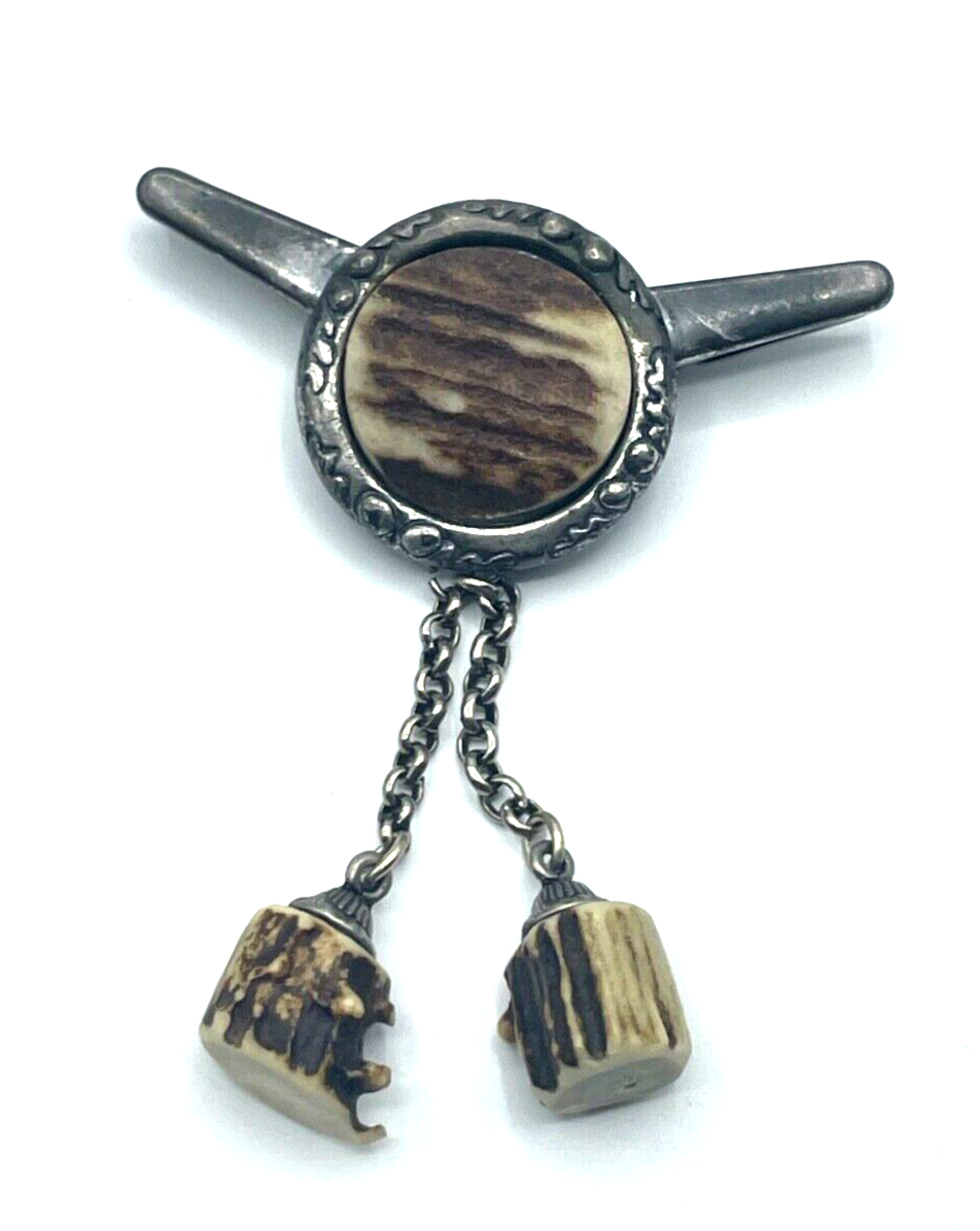 Vintage Modeschmuck Tracht Landhaus Kragenclip Kragenklammer Horn Einlage unisex0