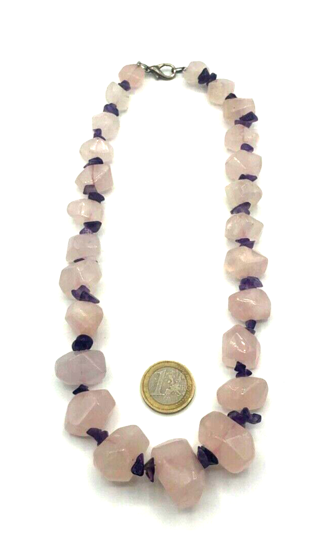 Vintage stattlich Rosenquarz Amethyst Edelstein Nuggets Kette Collier Handarbeit4