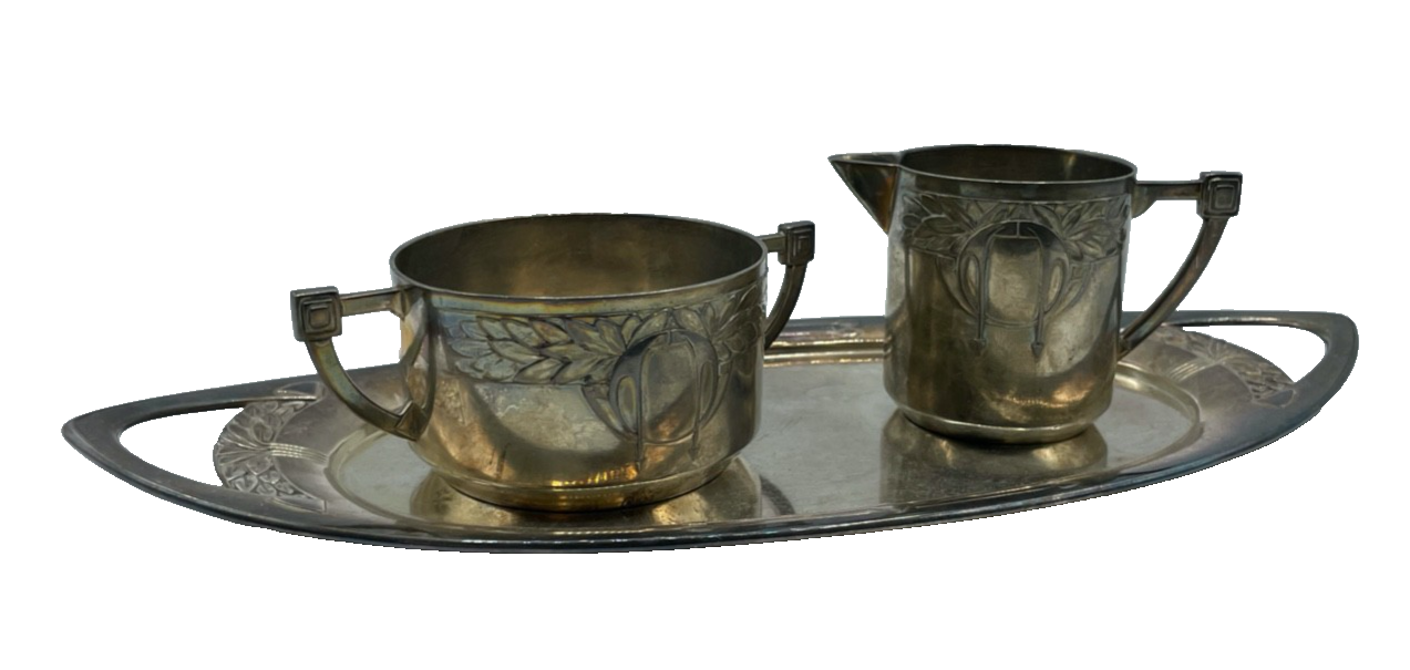 WMF Jugendstil 3er Set Metall versilbert Tablett + Milchschütte + Zuckertopf0