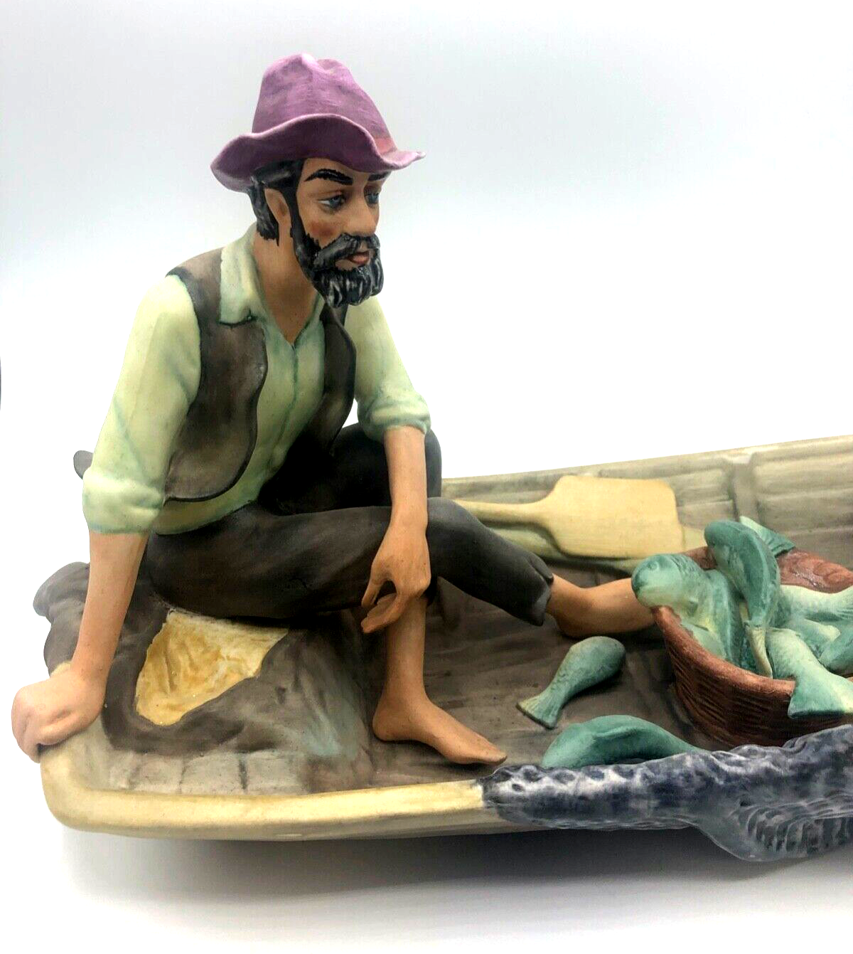Stattliche Porzellan Figur Vater Sohn Fischer Boot Biskuit handbemalt L 39 cm5