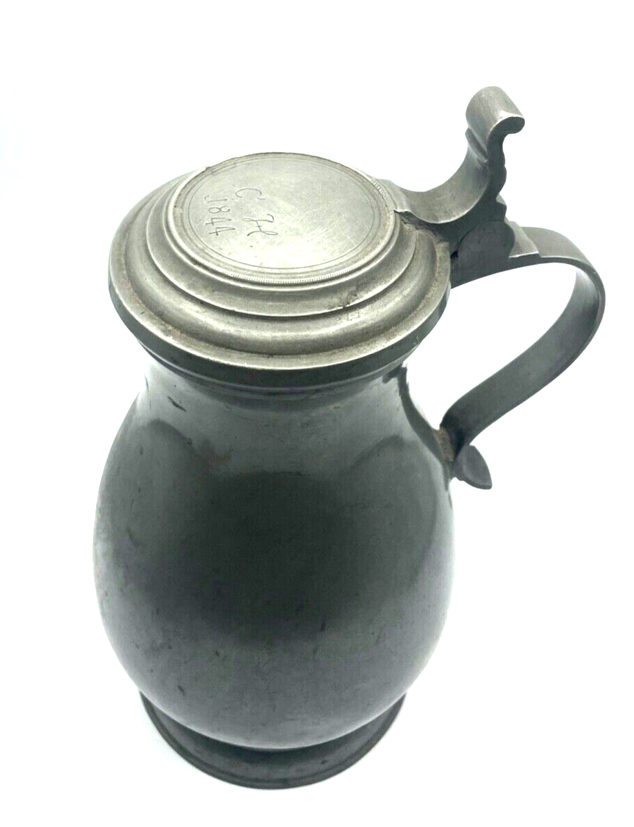 Antik riesiger Zinn Krug Deckel Gravur C. H. 1844 Weinkrug Bierkrug Handarbeit1