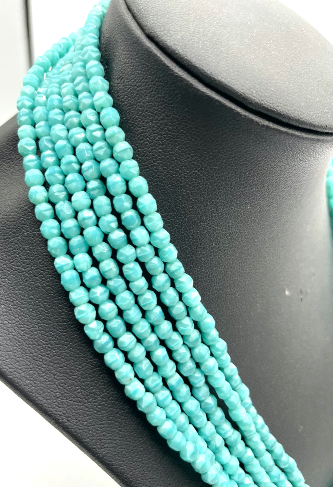 Antik 6 strängig Glaskette türkis farbige geschliffene Glasperlen Collier 50erJ3