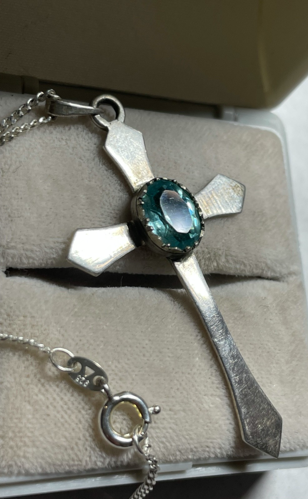 925 Silber 45 cm Venezianerkette + Kreuz Anhänger mit Blautopas Antikstil gepfl.1