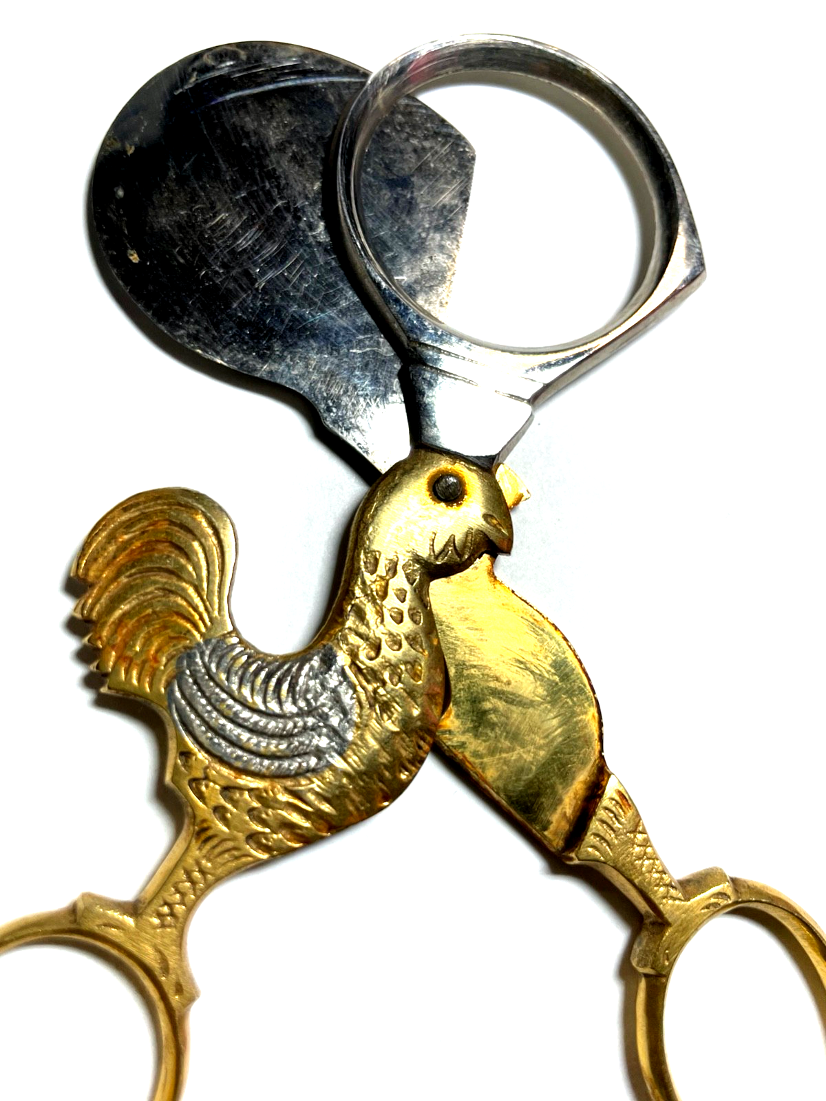 Antik Eierschere Eierköpfer Metall teilvergoldet Hahn2