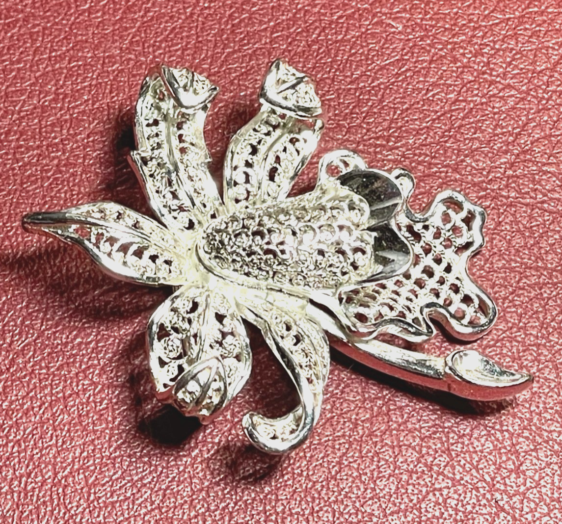 Antik 800 Silber Brosche Anstecknadel Filigransilber Handarbeit Orchidee gepfl.2