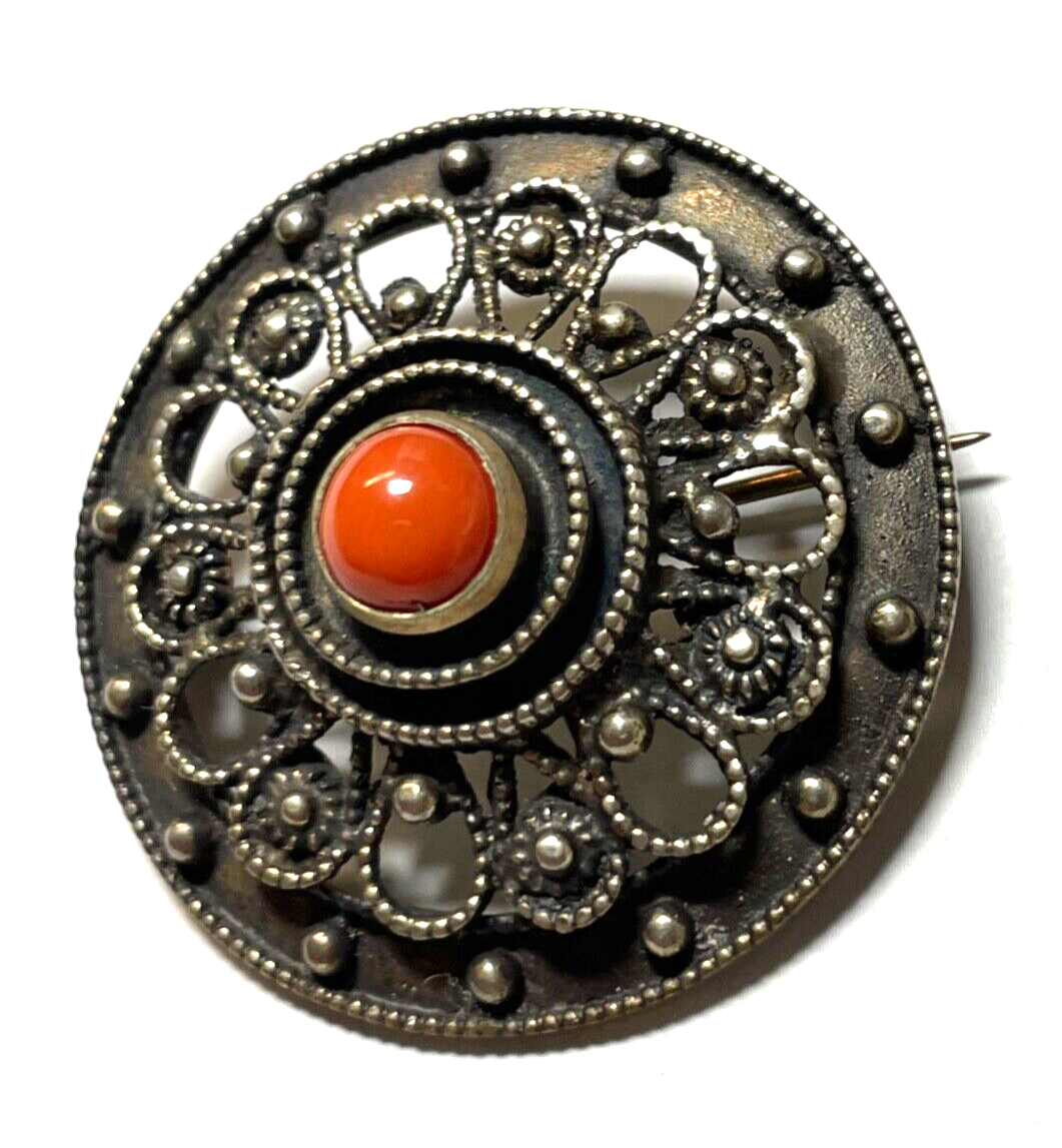 Antik 835 Silber Brosche Anstecknadel Koralle solide Handarbeit Ø 35 mm 30er J4