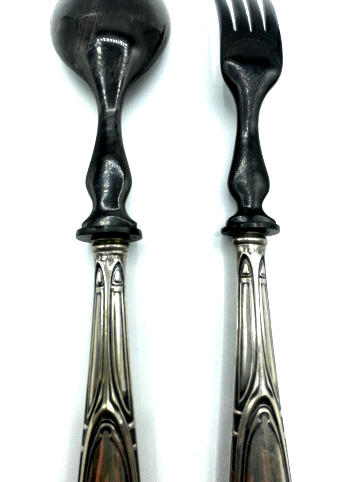 Antik Jugendstil Vorleger Salatbesteck 800 Silber + schwarzes Horn gepflegt6
