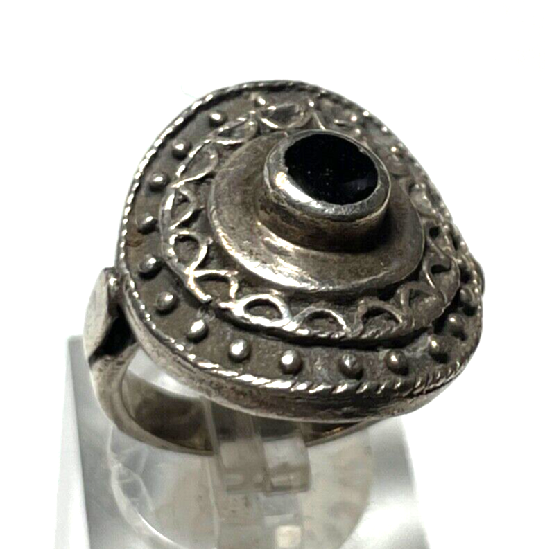 Solider 925 Silber Ring Onyx Cabochon vintage Handarbeit RG 53 Ø 16,8 mm Ethno4