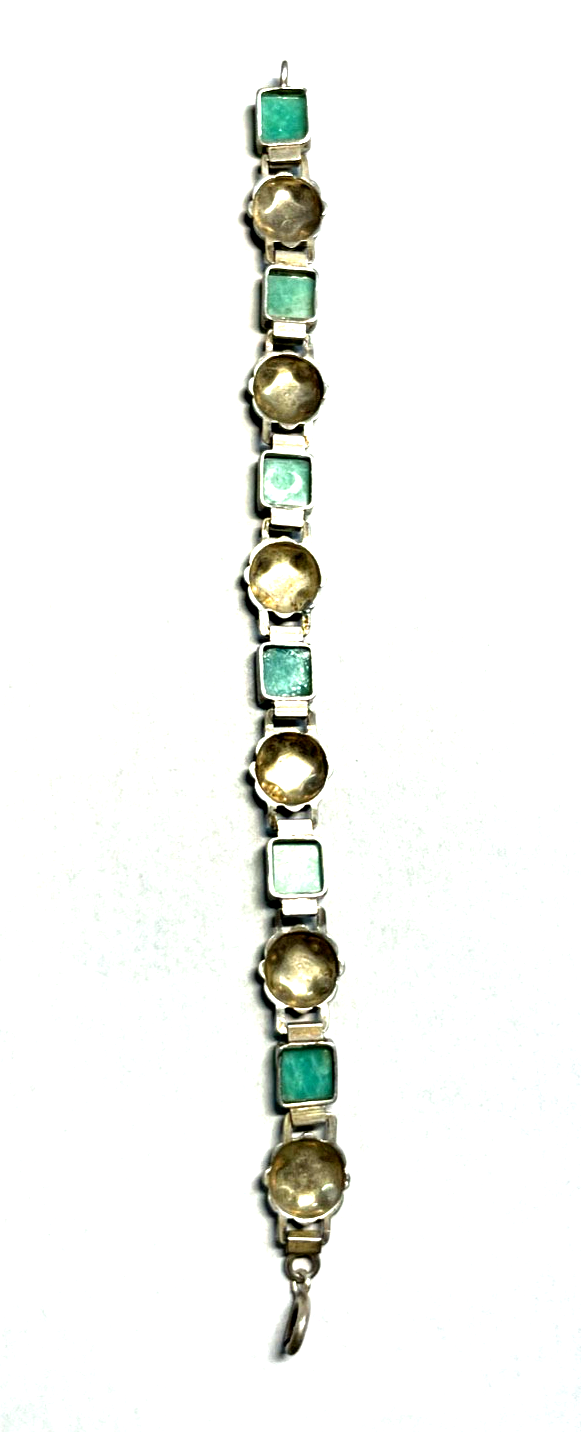Antik  Art Déco Armband 835 Silber Handarbeit grüner Türkis Cabochon Kissen4