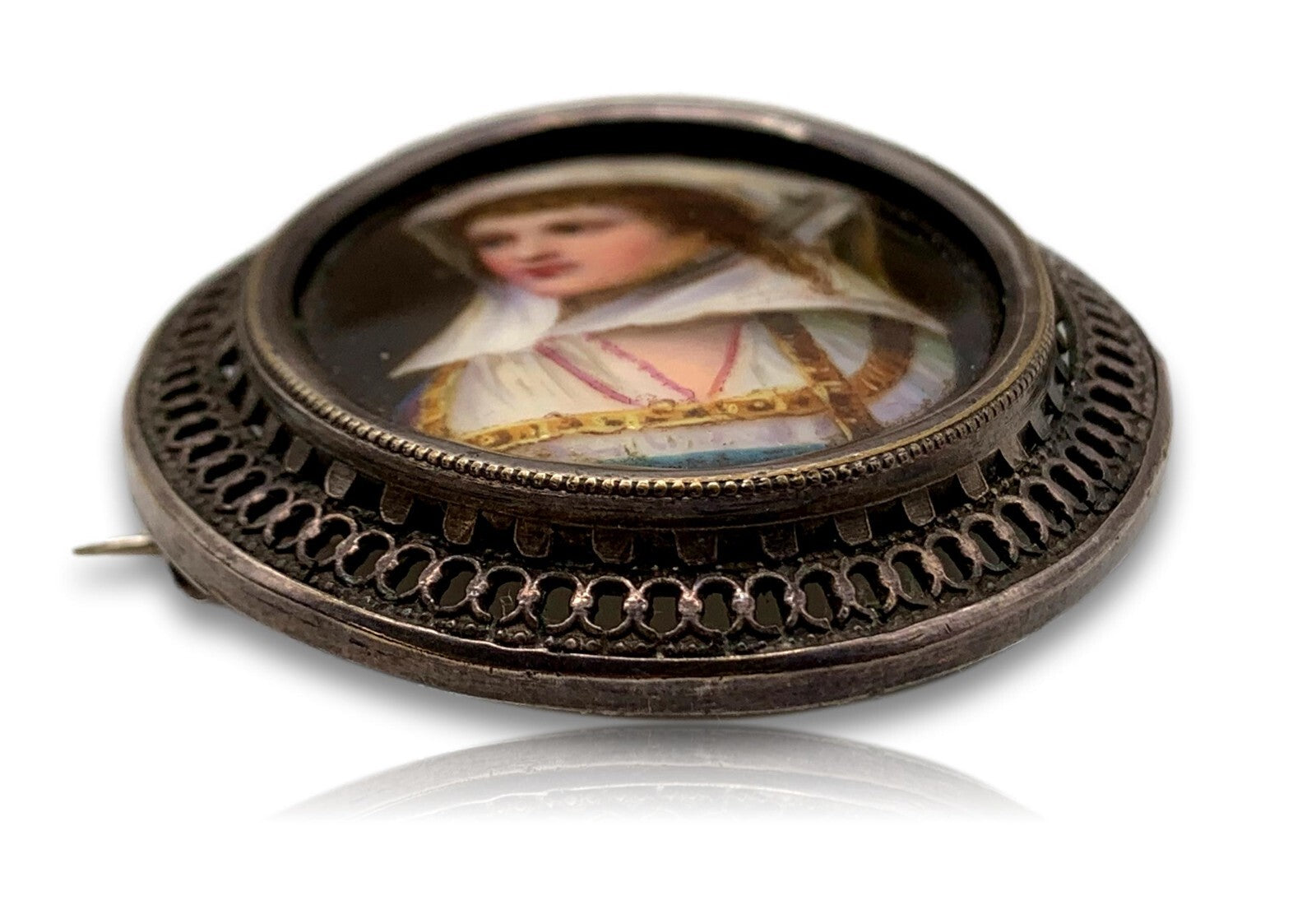 Anhänger - Brosche - Silber - Miniatur  Lupenmalerei um 1830 - Junge Frau Tracht2