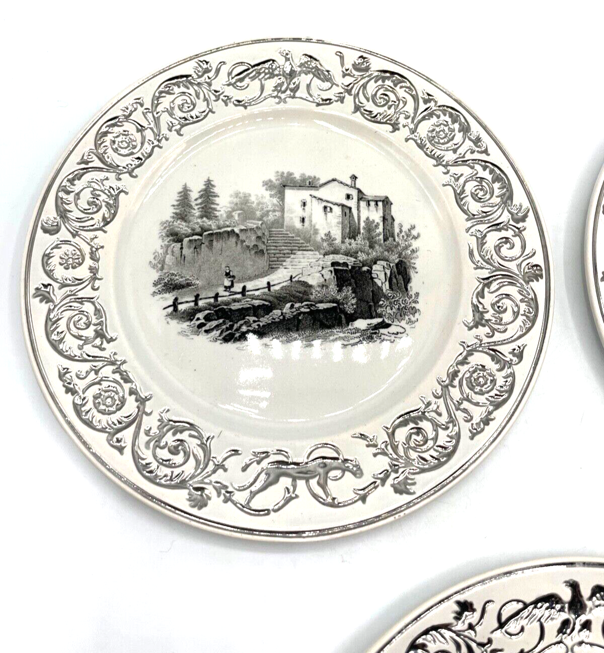 * Antik 3 Keramik Teller Landschaft Szenerie vor 1900 Silber Rand Dekor Ø 18,2cm2