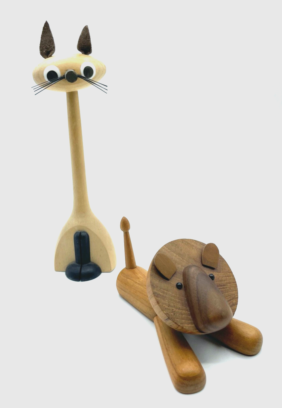 2x vintage Holzspielzeug Katze + Löwe Teakholz Handarbeit Skandinavien Design ?1
