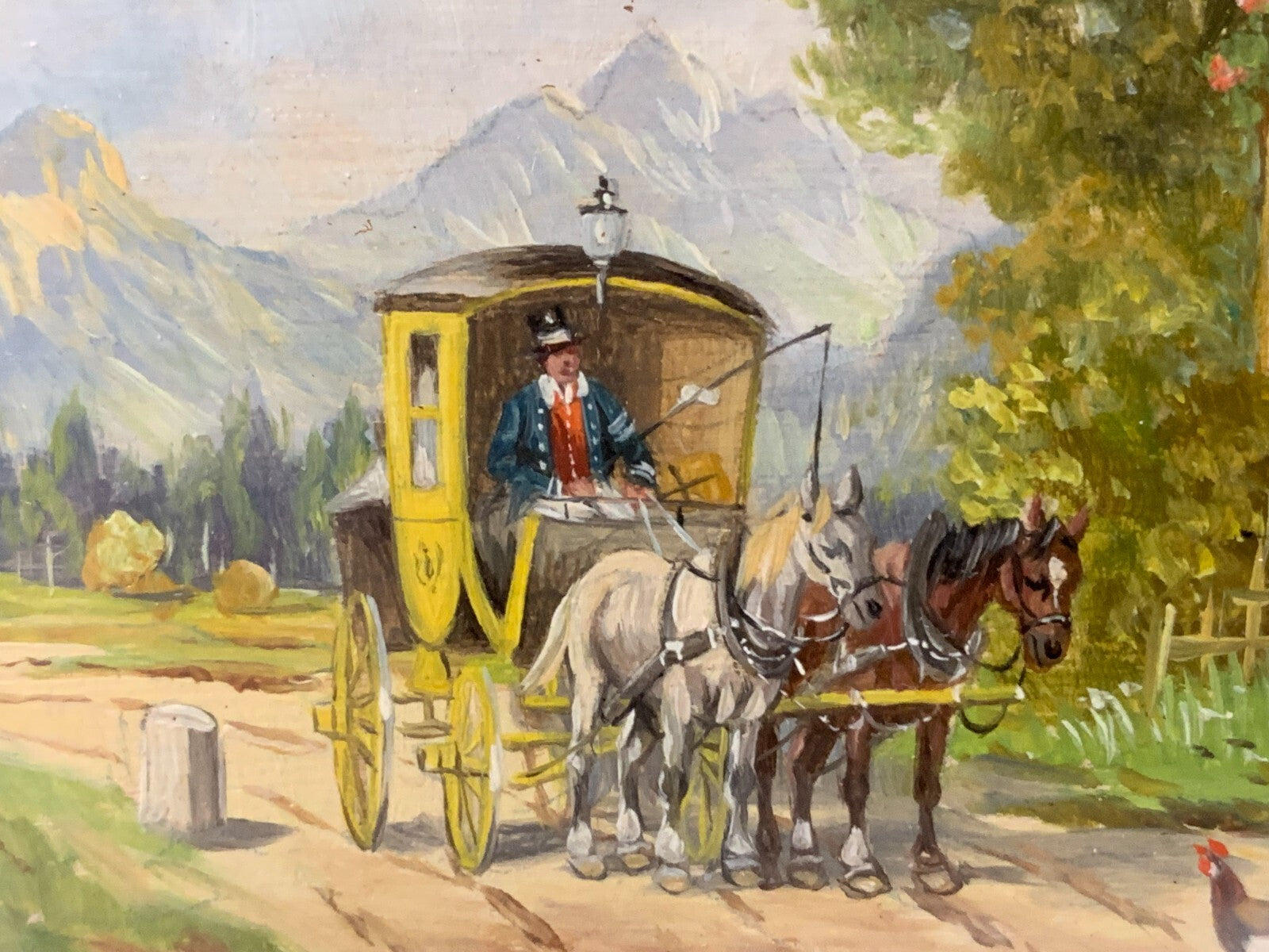 Karl Rohrhirsch 1875-1954 - Postkutsche vor dem Bauernhaus - Öl auf Holz - sign.1