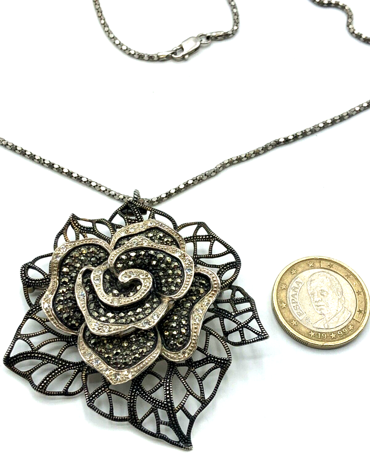 Mega TJM 925 Silber Anhänger Brosche Rose Markasiten Zirkonia + Kette Handarbeit2