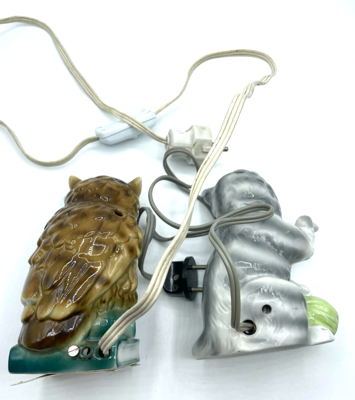 2 alte funktionierende Porzellan Rauchverzehrer Uhu Eule + Katze Duftlampe4