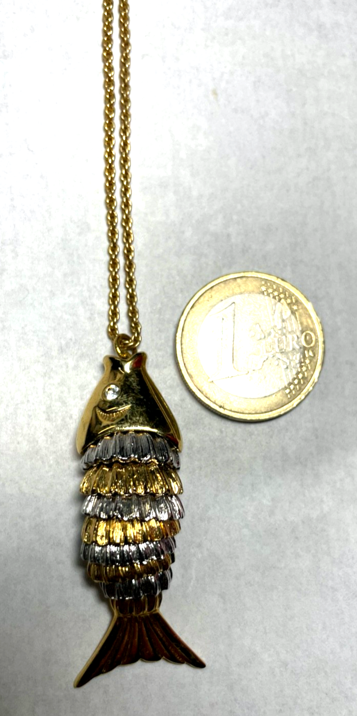 Vintage Modeschmuck großer beweglicher Fisch an langer Kordelkette top gepflegt7