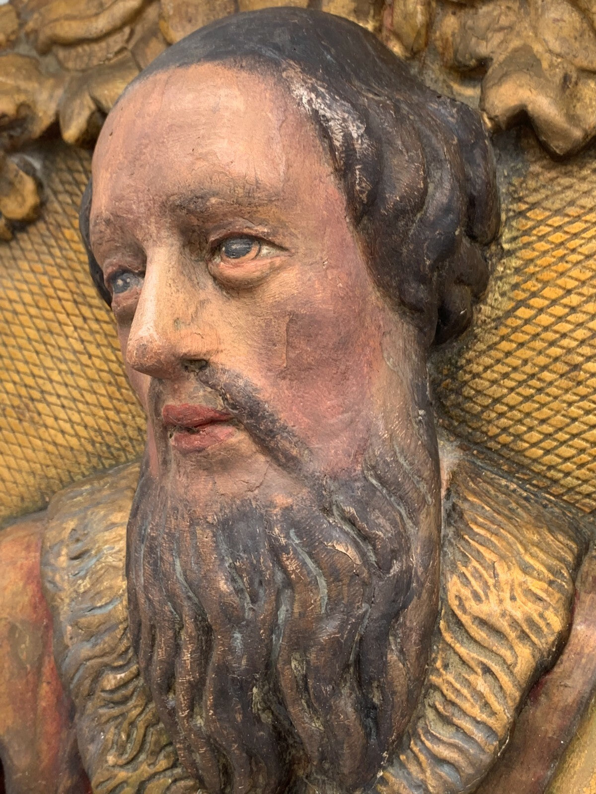 barocke Heiligen Figur Skulptur - Apostel mit Buch - gefasst - Reliefschnitzerei1