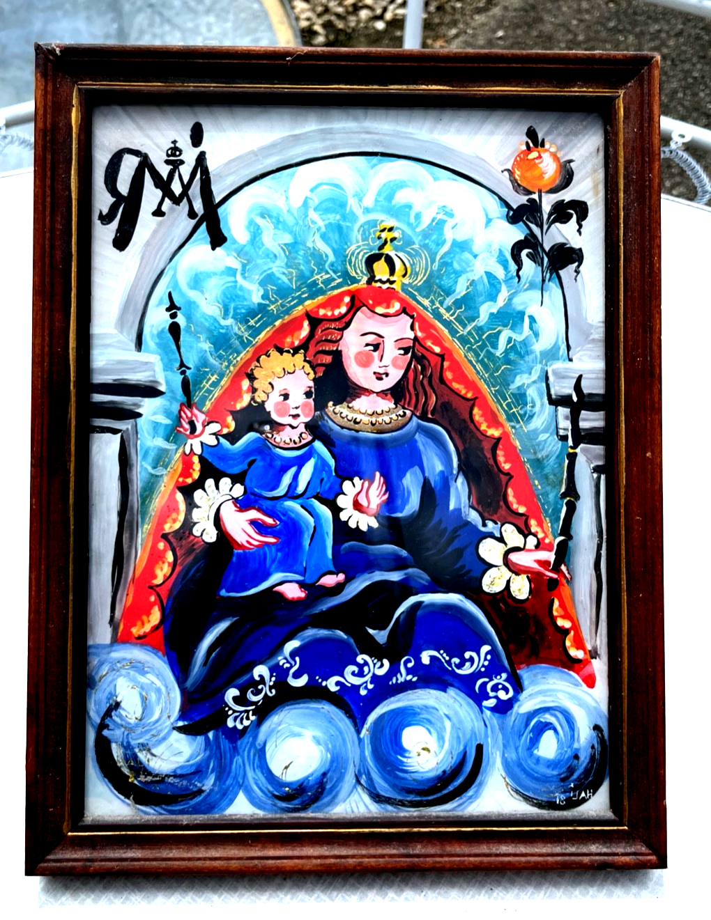 Vintage Hinterglasmalerei Hinterglasbild Maria + Jesuskind Muttergottes gerahmt0