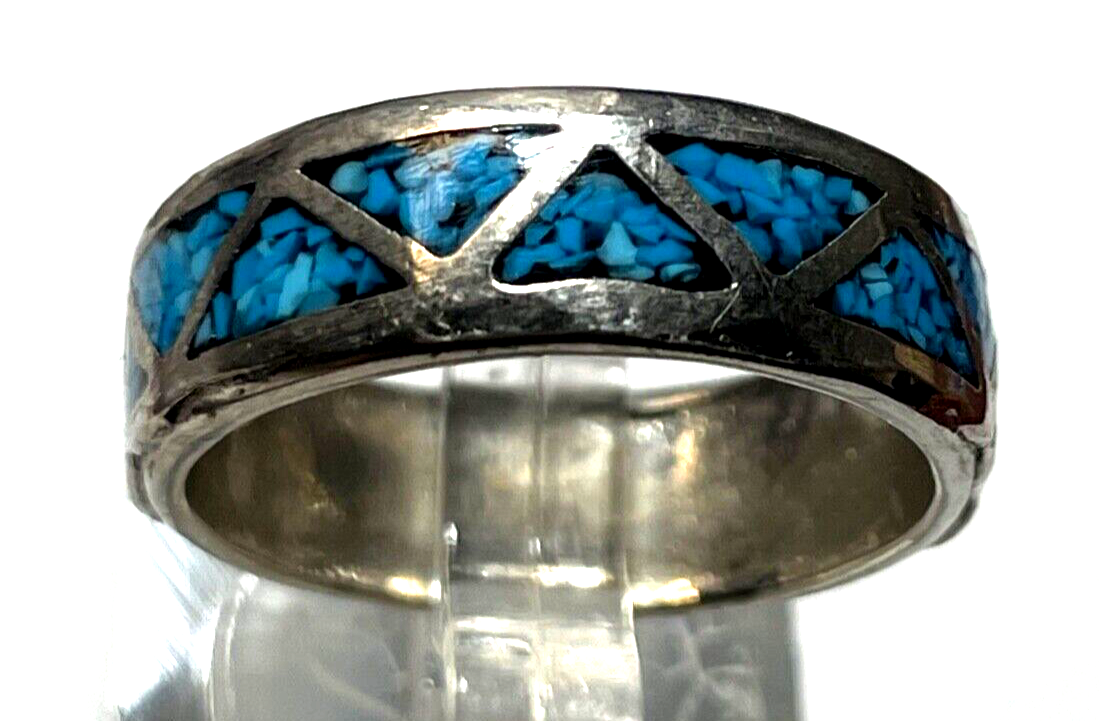 Aparter vintage unisex Bandring 925 Silber Ring mit Türkis Mosaik Ø 17,5mm RG 551