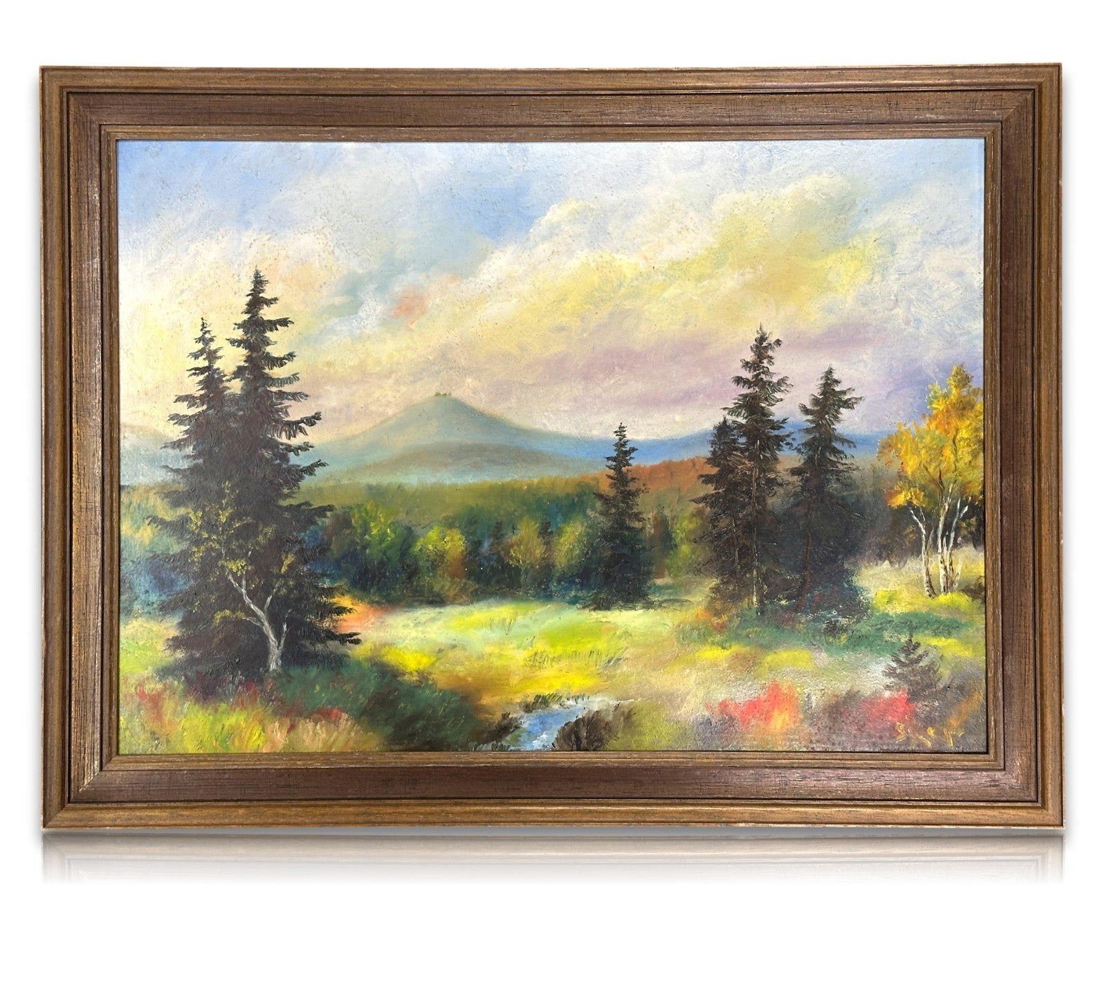 Stimmungsvolle Landschaft mit Bachlauf & Bergen – Öl auf Platte, signiert „Sxor"0