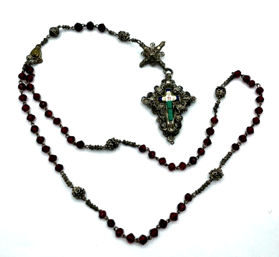 Antik Biedermeier Rosenkranz Filigran Silber farbig + Emaille + rote Glas Perlen5