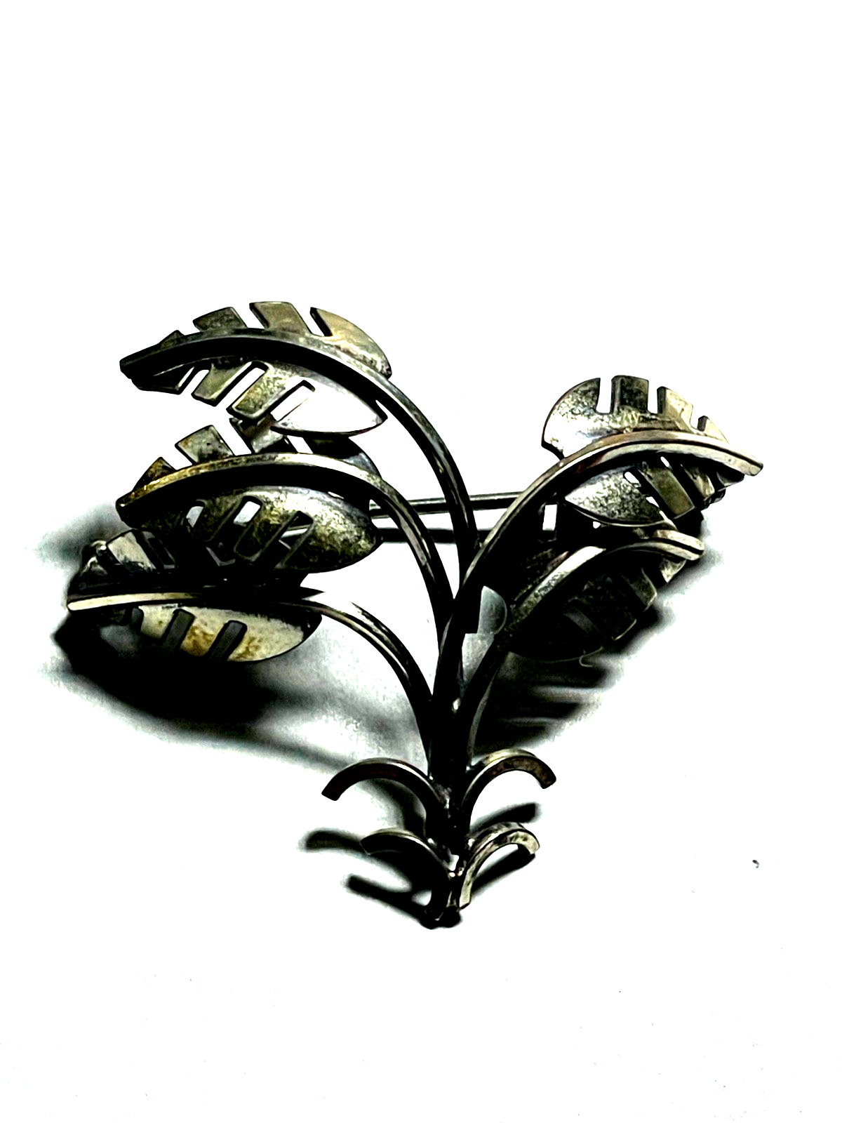 Vintage 835 Silber K&L Brosche Handarbeit Palm Blätter Design 70erJ Modernist3