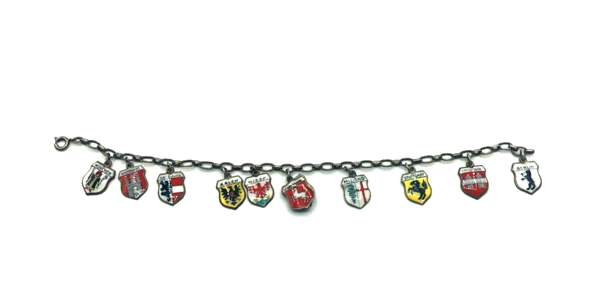 Vintage Silber Bettelarmband Stadtwappen 11 Reiseandenken Emaille erweiterbar0