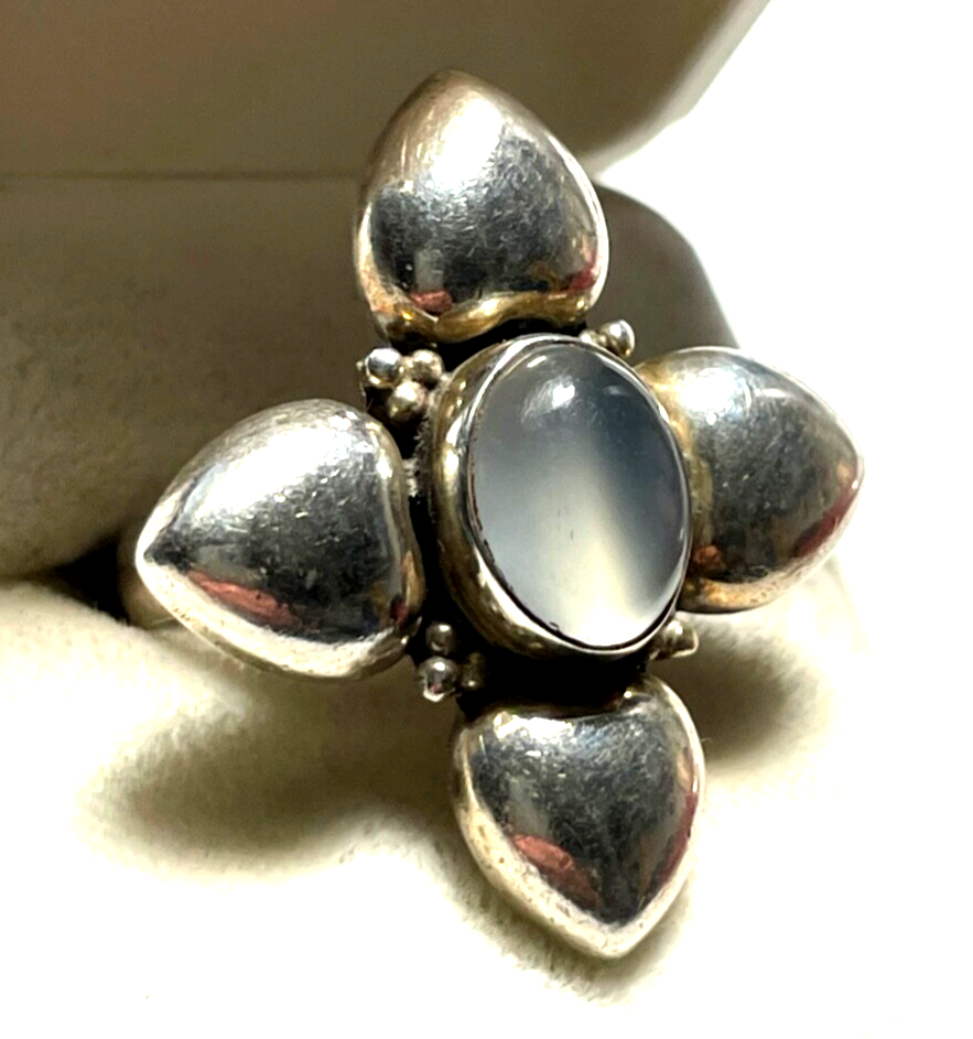 Stattlicher 925 Silber Ring Mondstein Cabochon Ø17mm RG 54 solide Qualität Blume1
