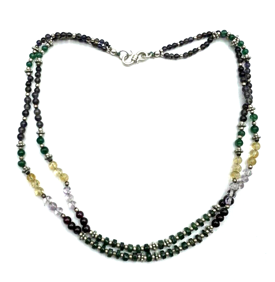 Aparte Ethno Edelstein Mix Kette Collier 2 reihig 925 Silber L 47 cm ungetragen3