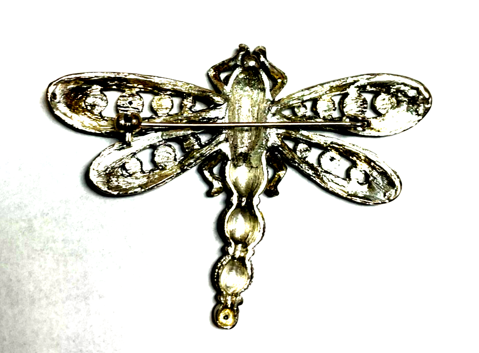 Vintage Modeschmuck Brosche große silberfarbige Libelle Dragonfly mit Strass6