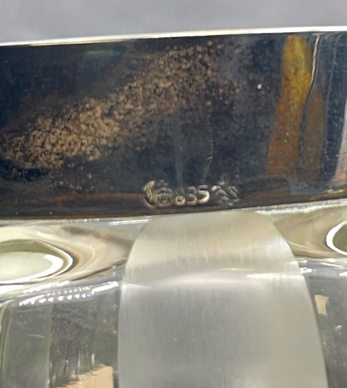 Antik 835 Silber Rand formschöne Glas Deckeldose Halbmond Krone Löwe Punzen topp8